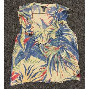 Chaps Blouse Womens M Blue Tropical Palm Leaf Ruffle Sleeveless Viscose Shirt